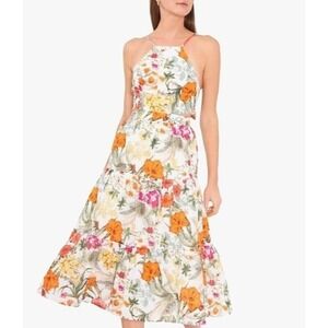 Chelsea & Violet Tropical Oasis Midi Dress Tiered Linen Blend Multicolor Size 10